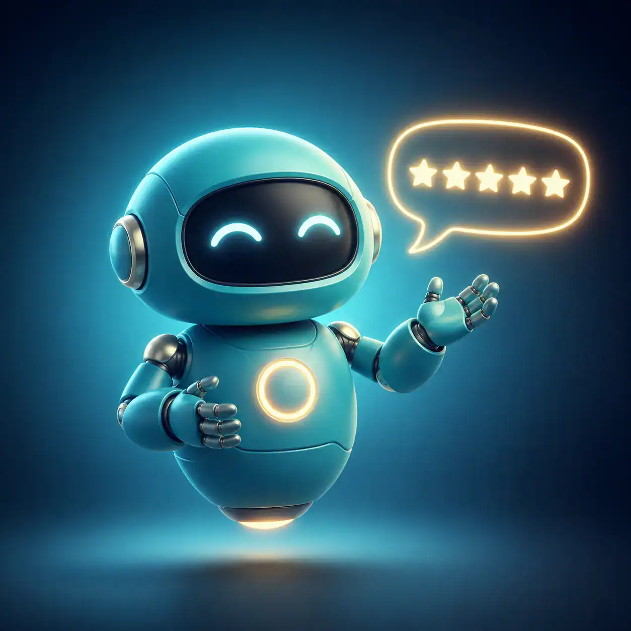 Atlas, a teal AI robot mascot for Misfit Reviews, representing automatic replies to every Google and Facebook review