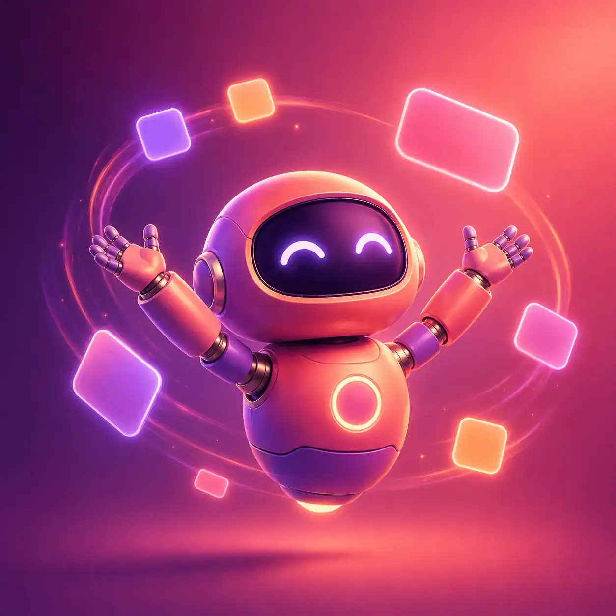 Mako, a coral and purple AI robot mascot for Misfit Reviews, representing customer reviews turned into social media posts